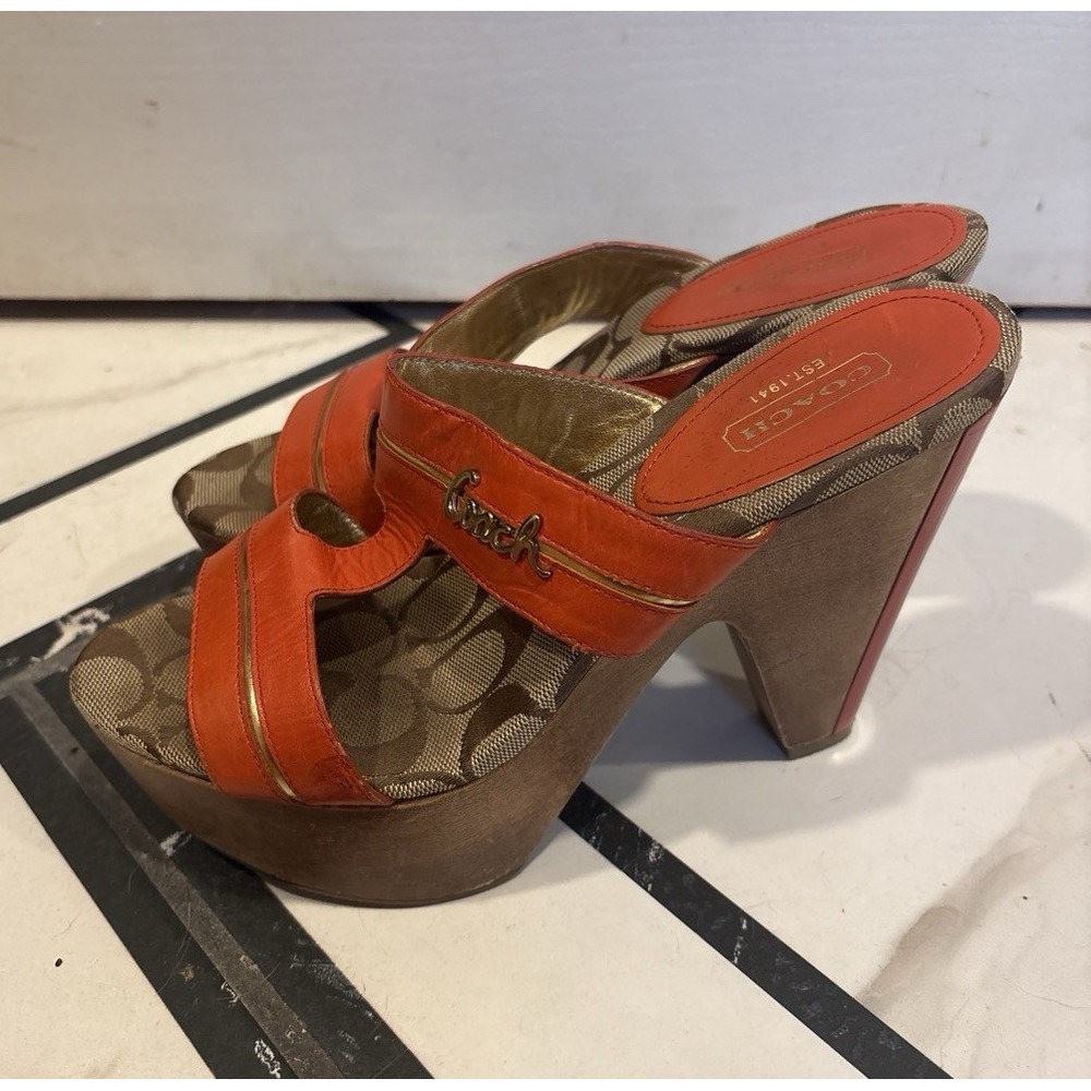 COACH Women's Jonah Platform Slide Heels Leather Open Toe Slip-On Orange